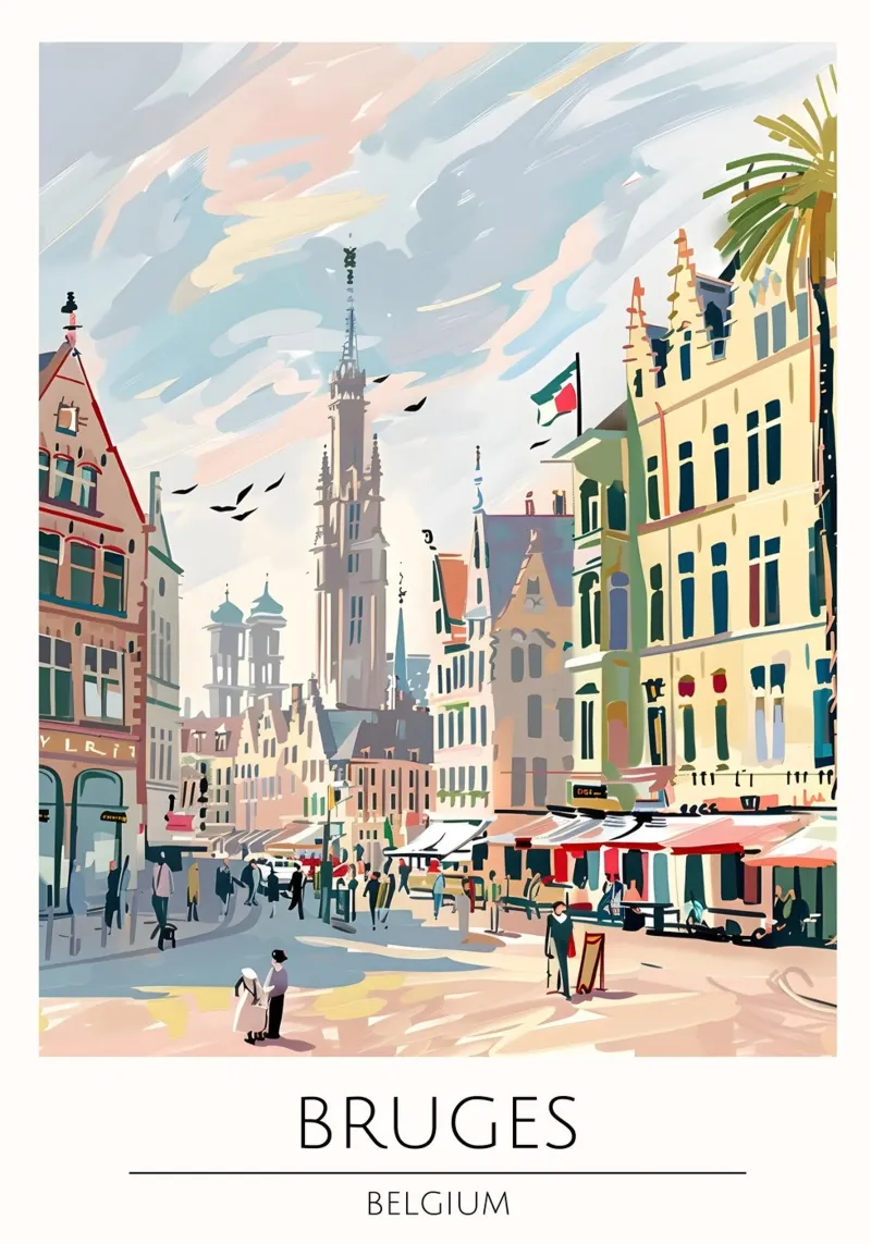 Bruges Mercato Pop Art Poster di viaggio Belgio poster con telaio in legno da homdeco