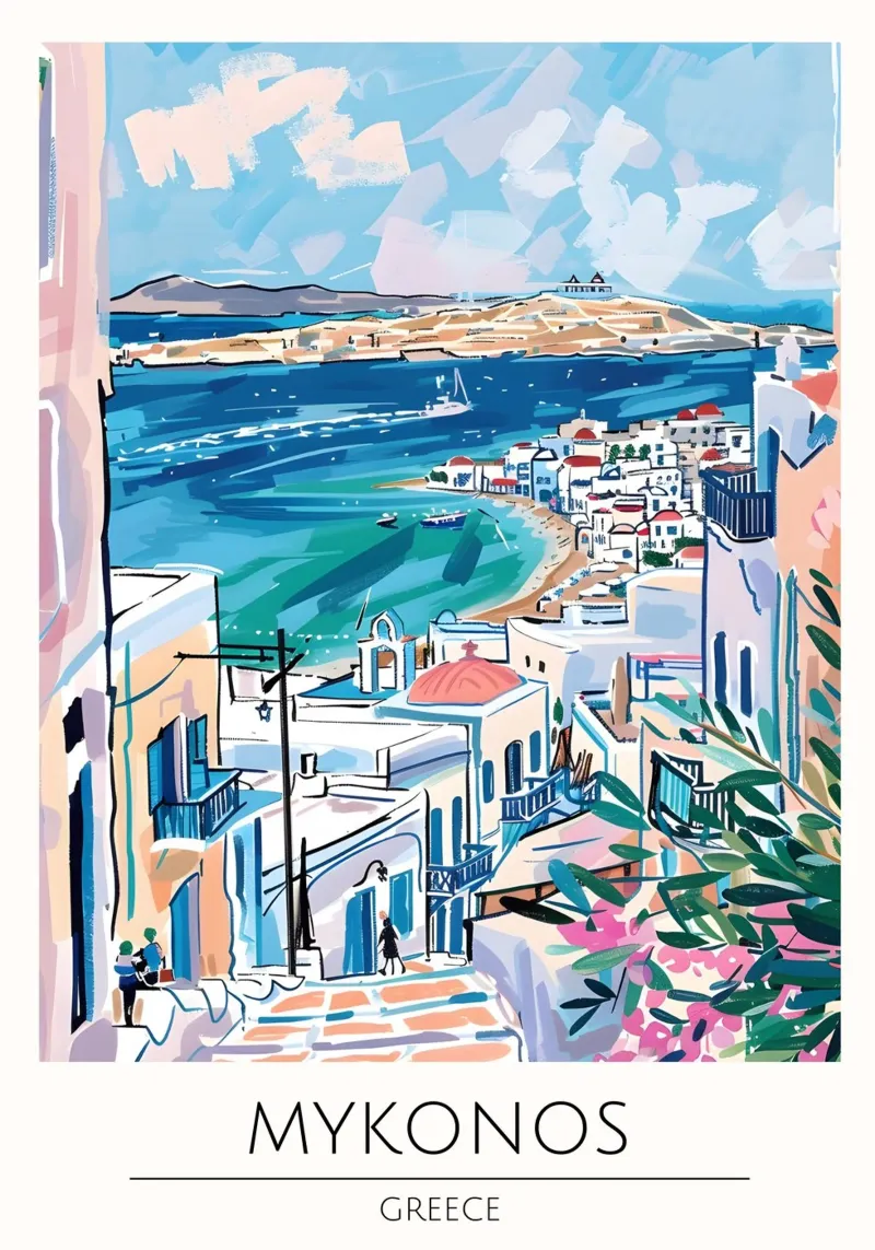 Poster di viaggio pop art della costa di Mykonos, Grecia poster con telaio in legno da homdeco