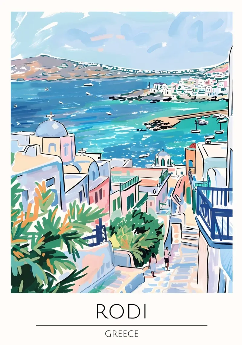 Poster di viaggio pop art della costa di Rodi, Grecia poster da homdeco