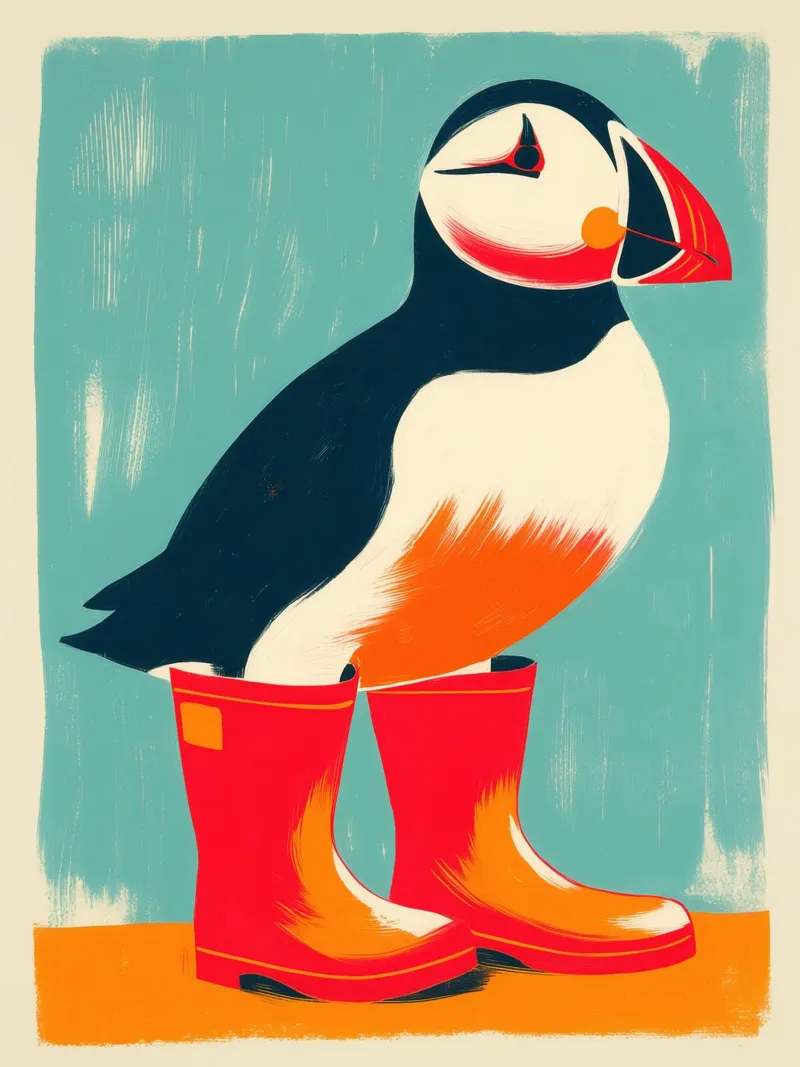 Puffin avec bottes en caoutchouc rouges | Islande Poster poster de Autofocus