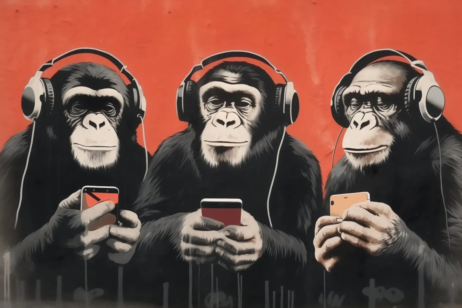 Tre scimmie con cuffie e smartphone in stile Banksy poster con telaio in legno da Autofocus