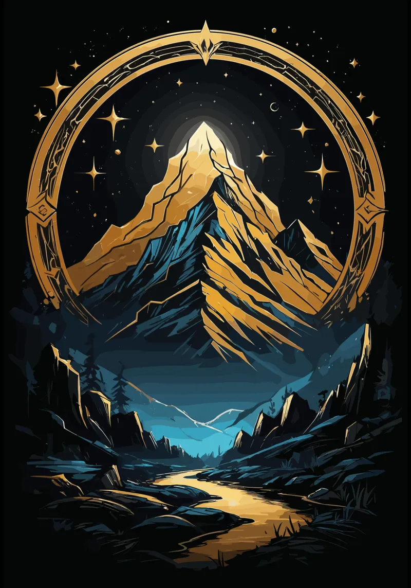 Paesaggio montano dorato con cornice celeste poster con telaio in legno da LM2KONE