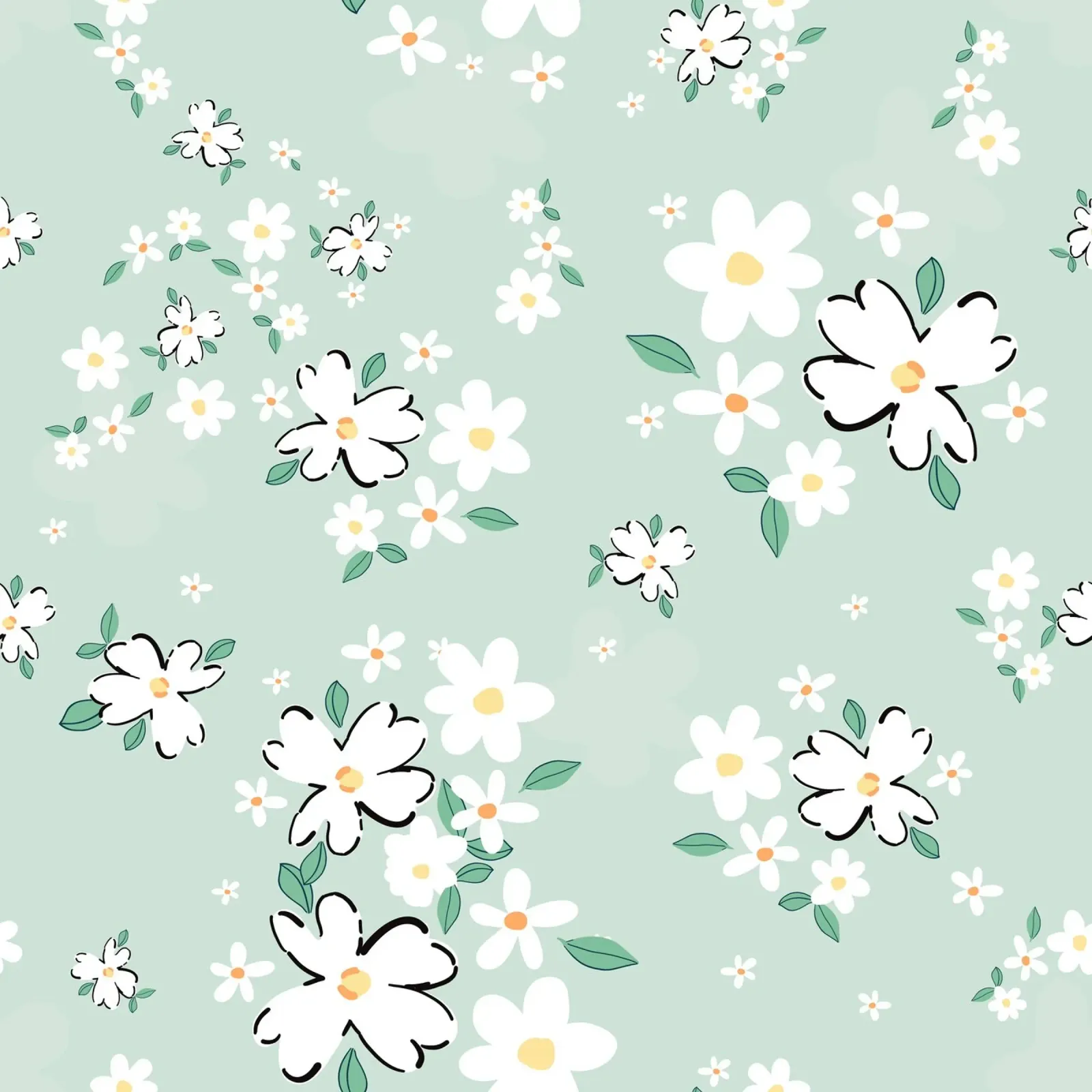 Daisies seamless fabric design pattern green background poster with wooden frame by gulsengunel