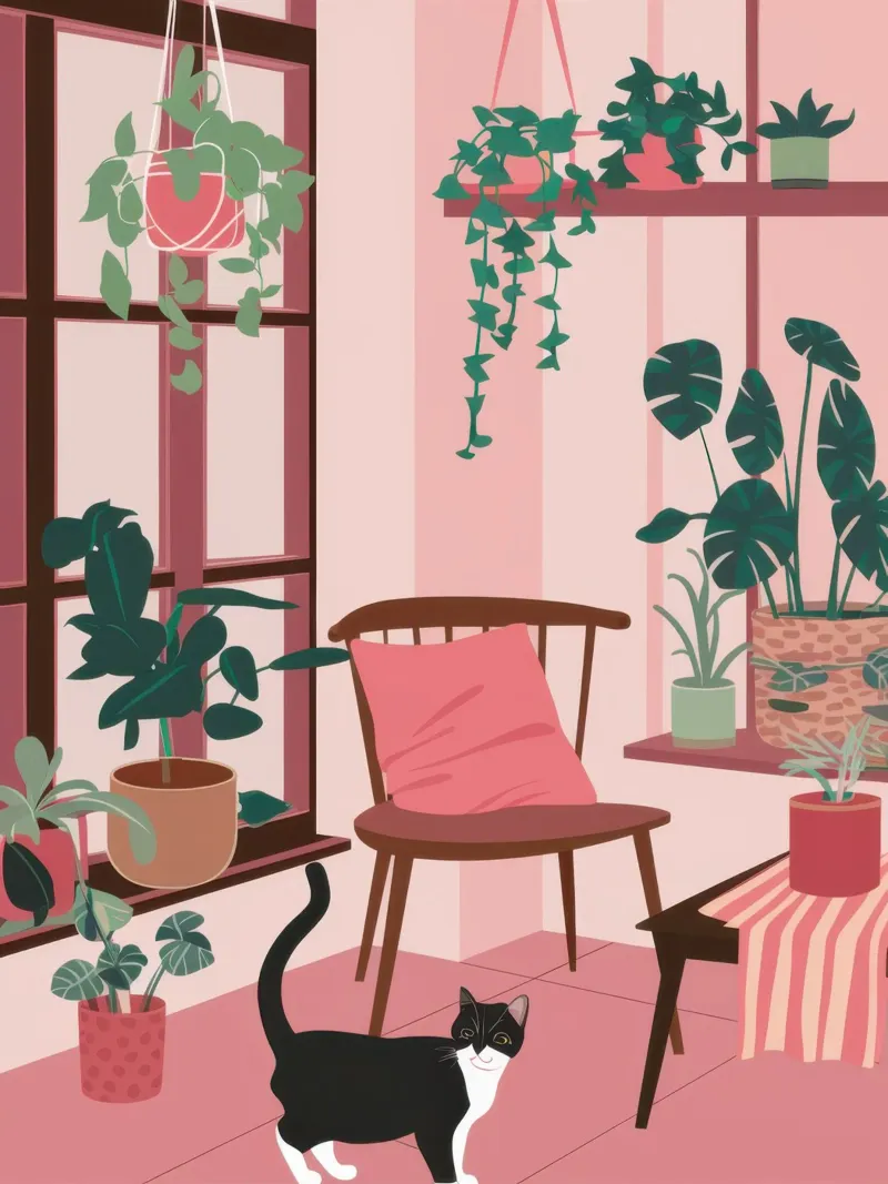 Camera rosa con gatto poster con telaio in alluminio da Nova Glaze