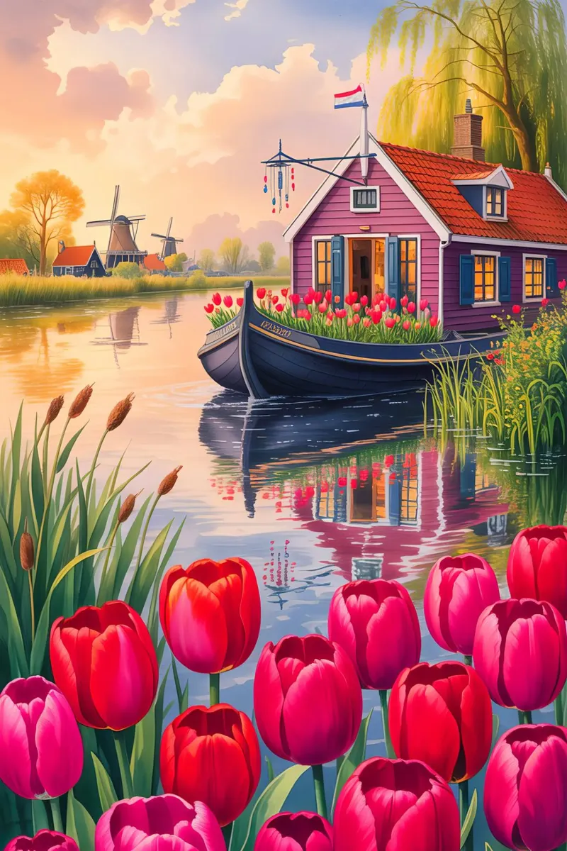 House on the Lake With Garden Flower poster con telaio in legno da Jeff Studio