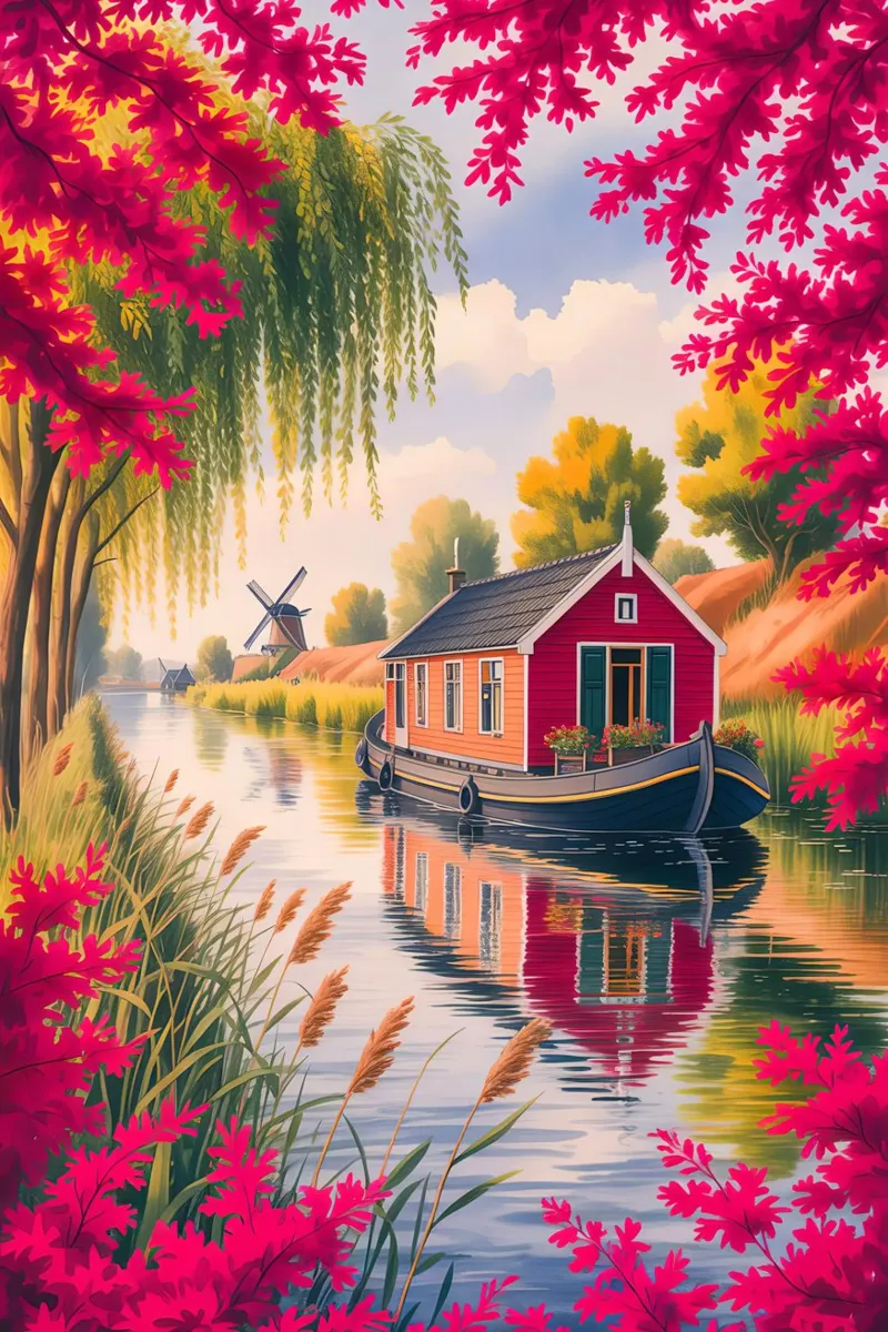 House On The Lake With Garden Flower poster con telaio in legno da Jeff Studio