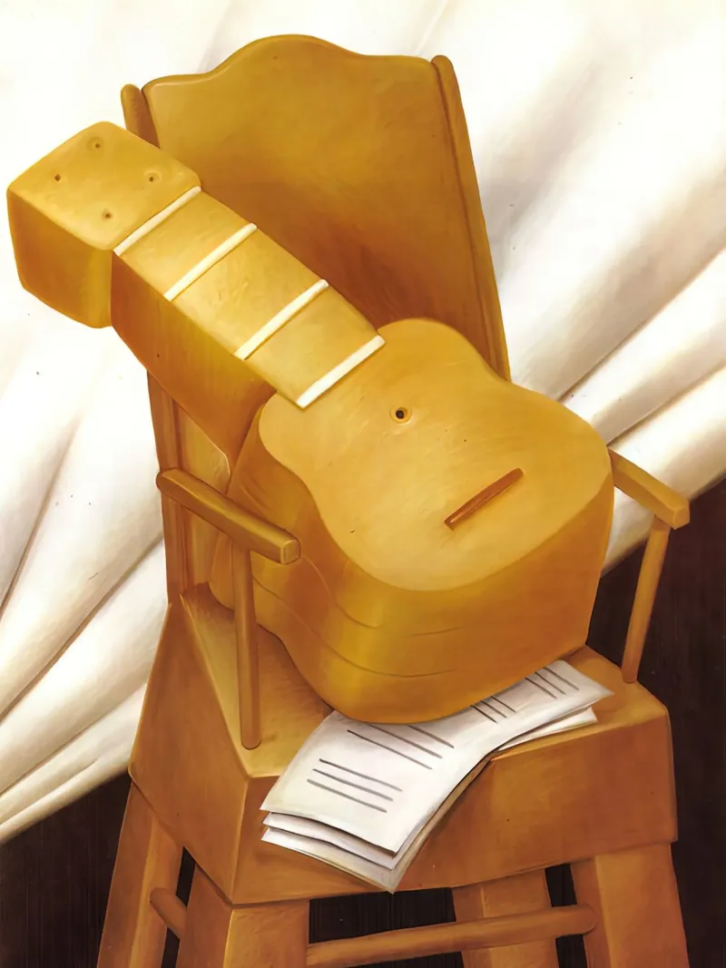 1983, Chitarra e sedia F Botero poster con telaio in alluminio da mix mate