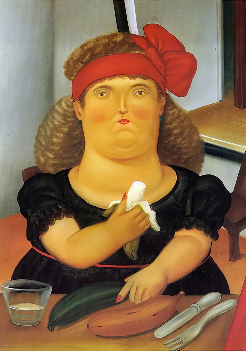 1982, Mujer comiendo una banana F Botero poster con marco de plástico de mix mate