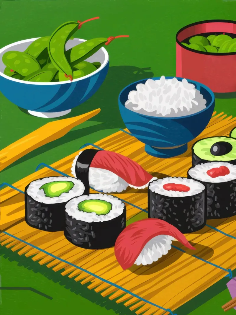 Sushi Making Stillness poster con telaio in legno da Bara Suara