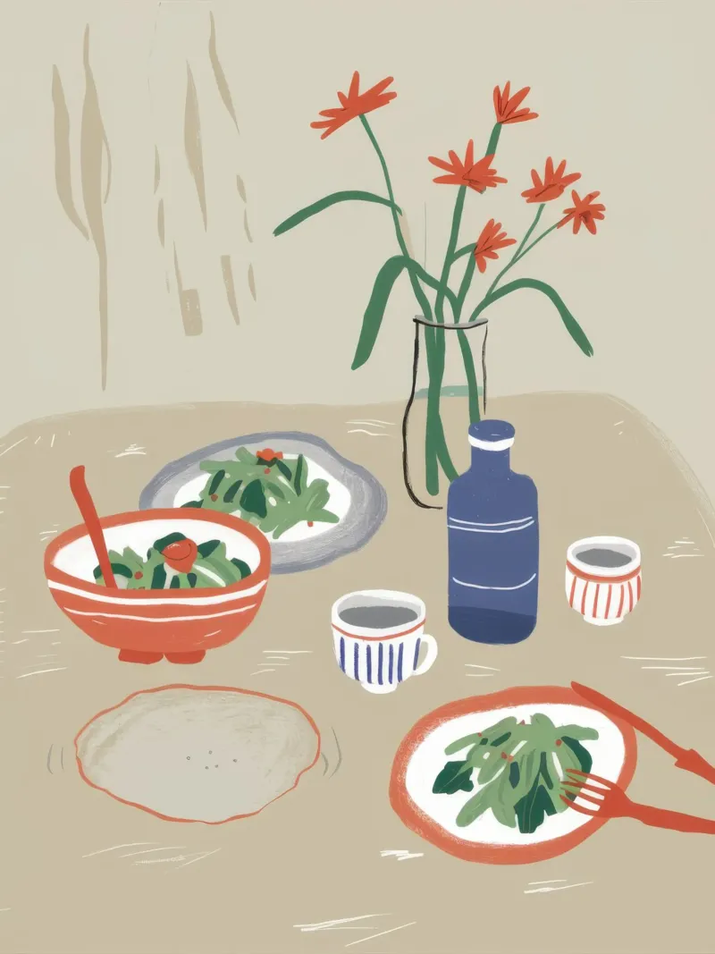 Un sereno pasto a base di noodle poster con telaio in alluminio da Bara Suara