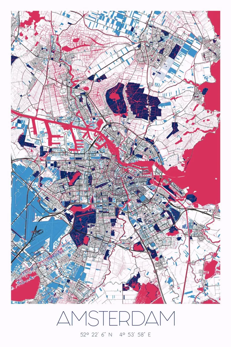 Amsterdam kunst poster - stadsplattegrond in modern ontwerp canvas met Baklijst van CityMapPoster