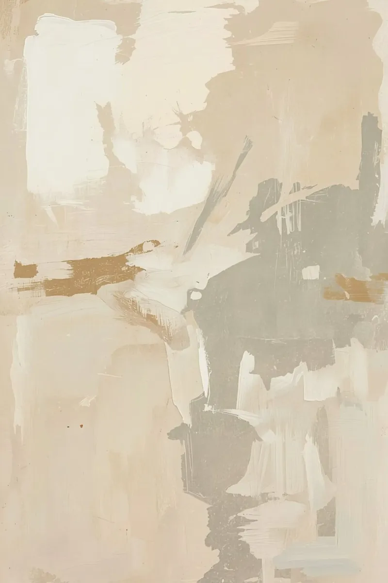 Abstract schilderij met beige grijs wit en gouden penseelstreek poster met kunststof frame van DesignDoodle