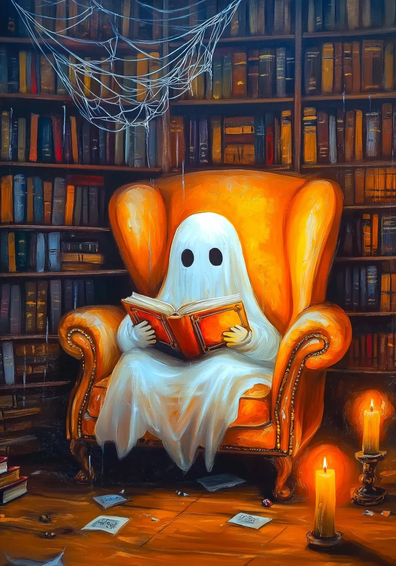 Libro di lettura dei fantasmi di Halloween nella Biblioteca delle Poltrone poster con telaio in legno da Fleur de Lys