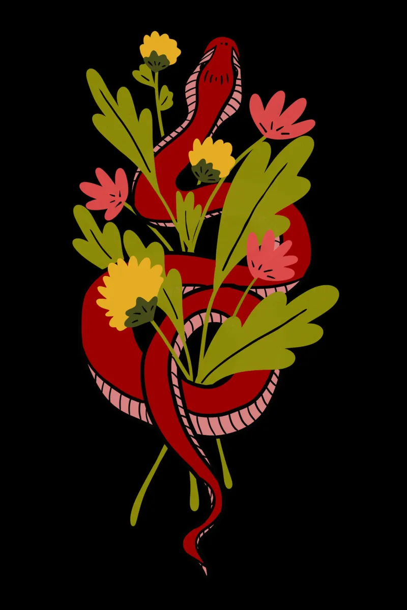 Red snake in flowers poster con telaio in alluminio da TijanaArtStudio88