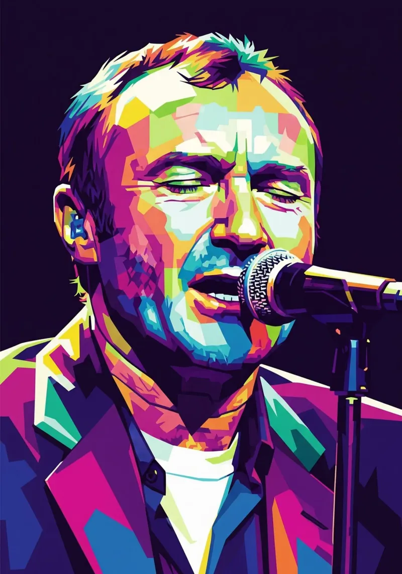 Ritratto pop art di Phill Collins #3 poster con telaio in alluminio da Hantamrata