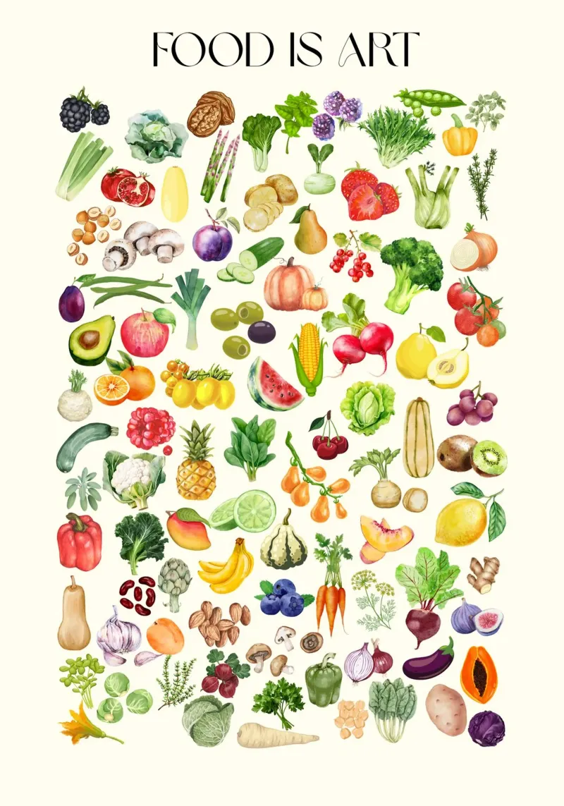 Food is Art – Das große Obst- & Gemüse-Wimmelbild canvas met Baklijst van Grünkraftwerk