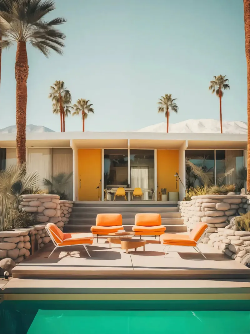 Orange House Palm Trees poster con telaio in alluminio da lennytravers