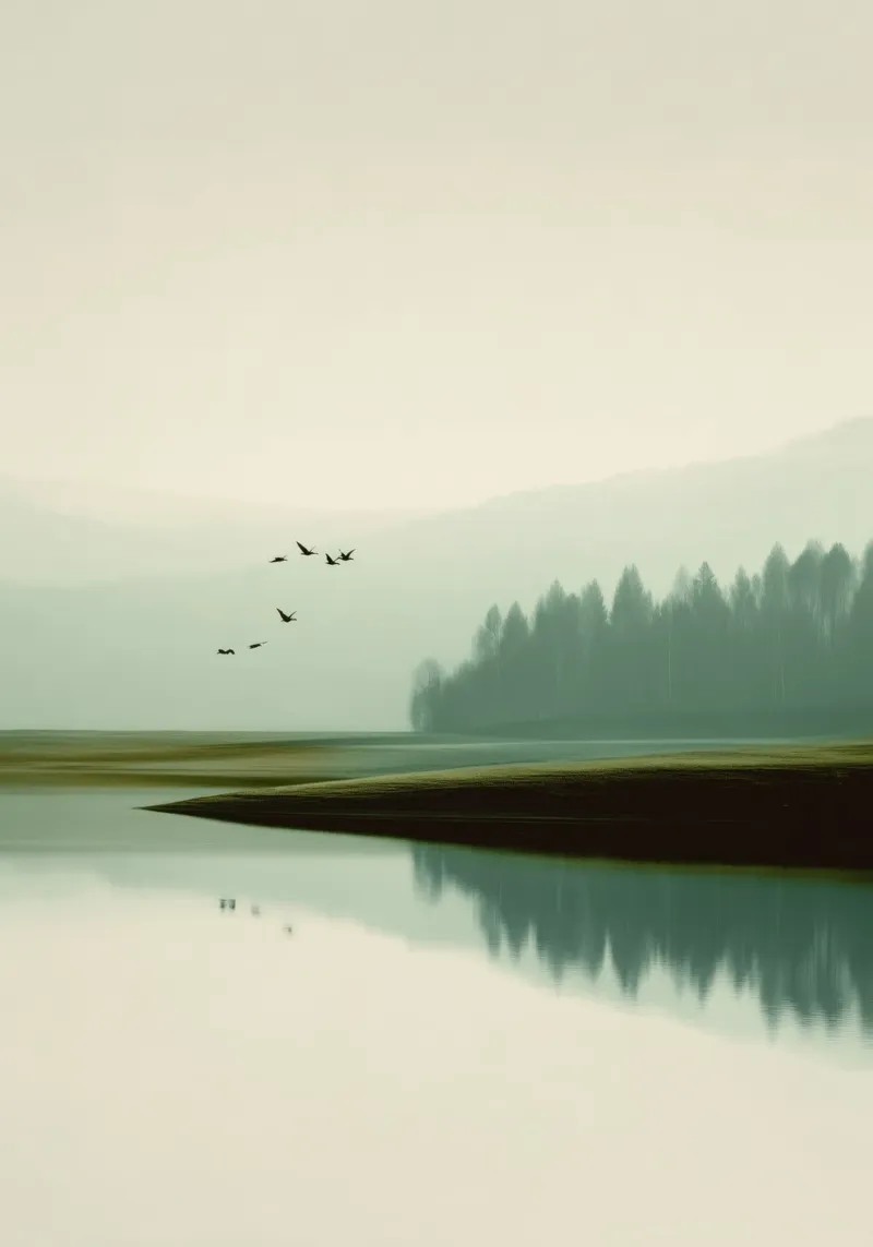 Minimalist Landscape - Birds Over Lake and Misty Forest poster da Dune
