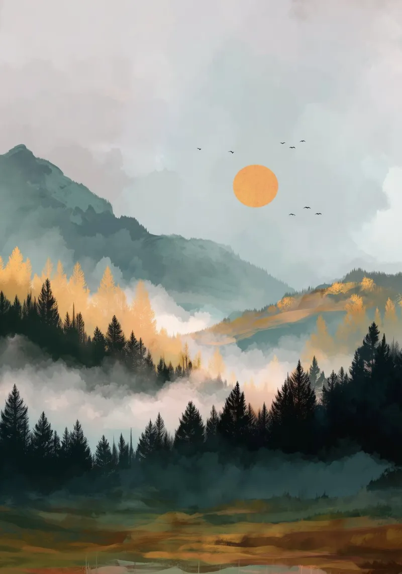 Misty Forest Landscape - Autumn Trees and Mountain Sunset poster con telaio in plastica da Dune