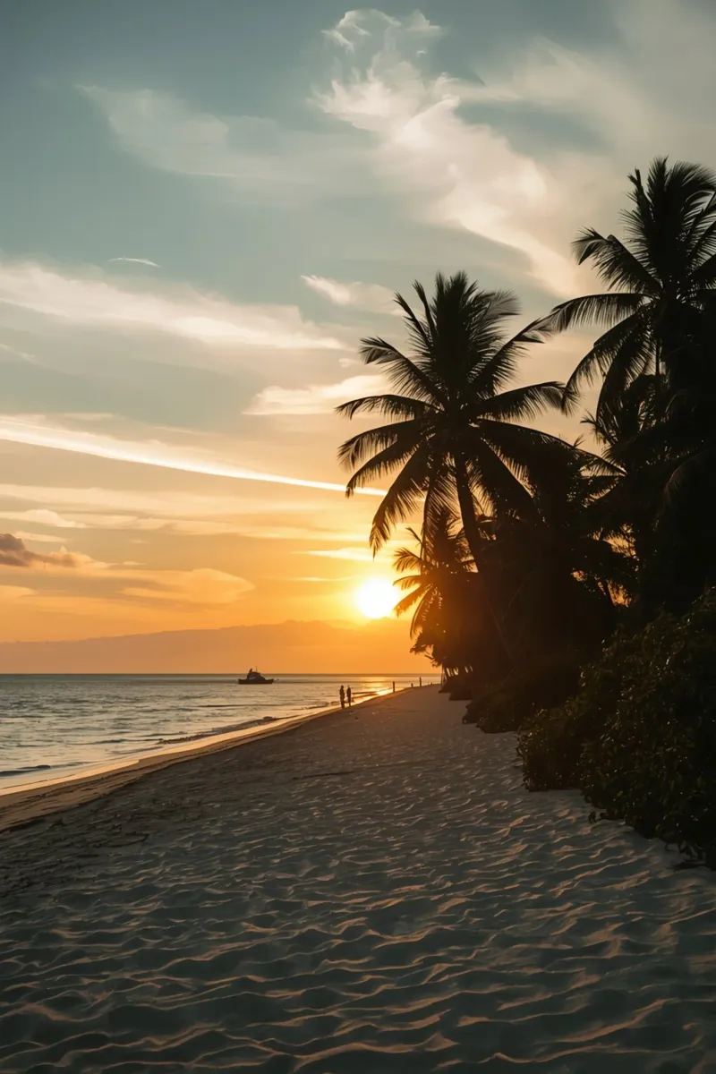 Tramonto sulla spiaggia con palme e oceano poster con telaio in alluminio da DesignDoodle