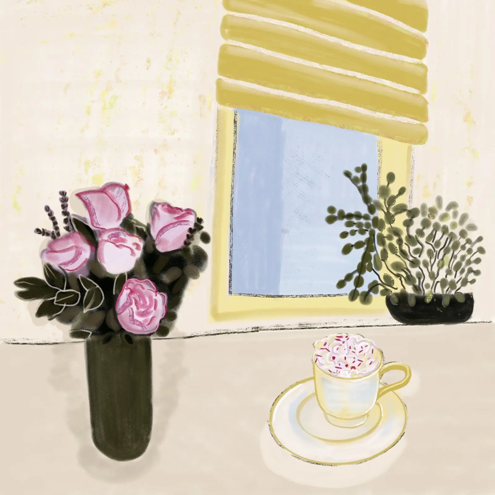 Natura morta di rose rosa e caffè disegnata a mano poster con telaio in legno da gulsengunel