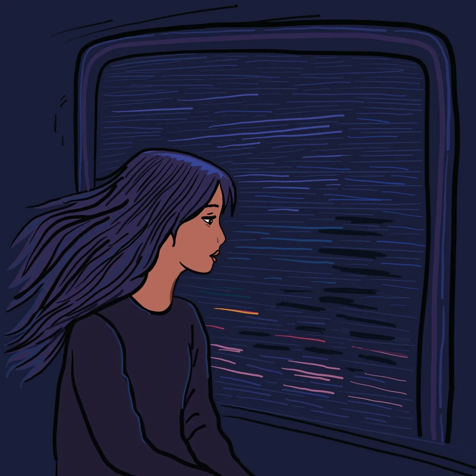 Ragazza in viaggio su un treno poster con telaio in alluminio da gulsengunel