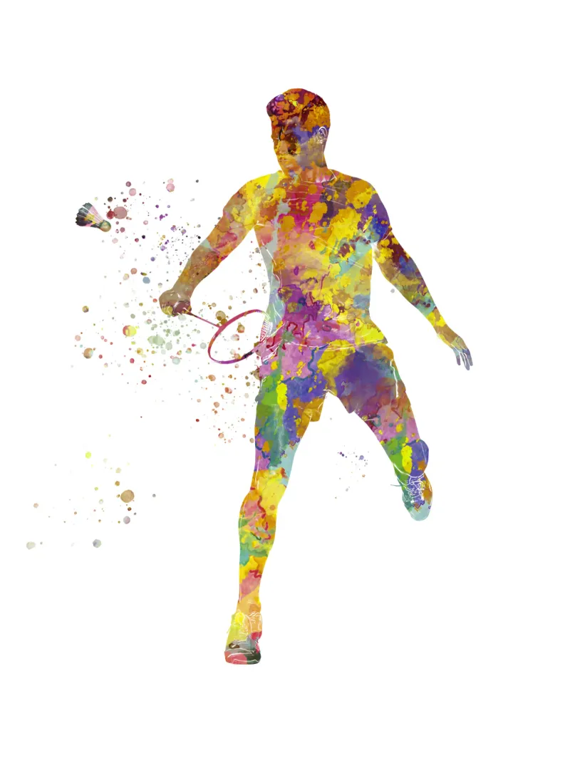 Giocatore di badminton in acquerello poster con telaio in legno da ⚽ Sports Pulse