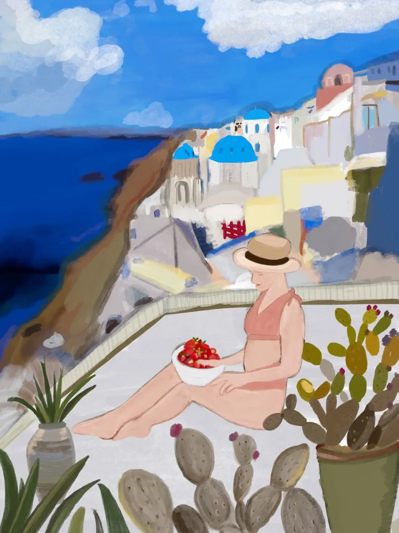 Una donna e Santorini poster con telaio in plastica da gulsengunel