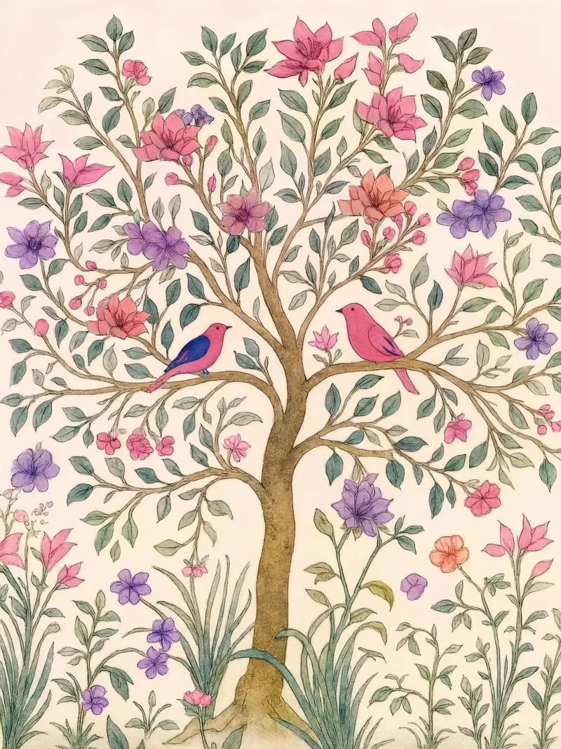 Albero della vita vintage botanico floreale di primavera con uccelli rosa poster con telaio in plastica da Gentle Echoes Art