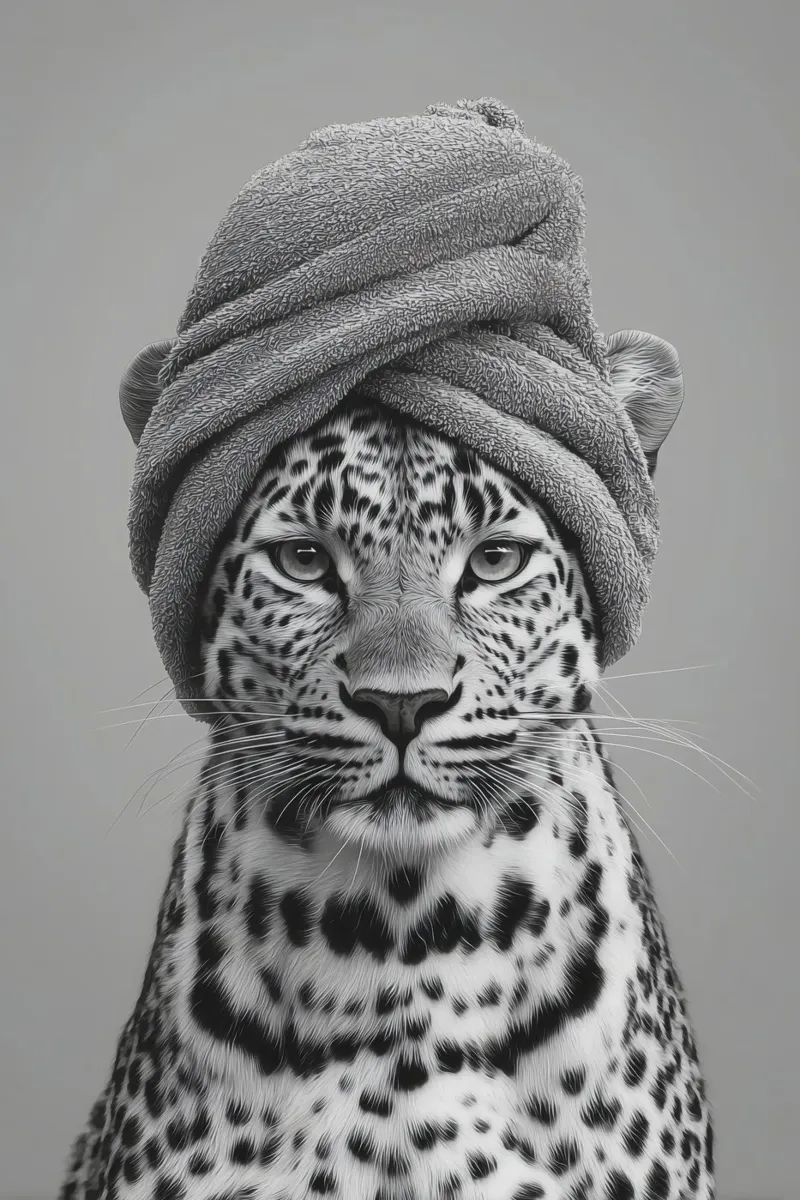 Donna leopardo dopo il bagno | Wilderness e benessere poster con telaio in plastica da Autofocus
