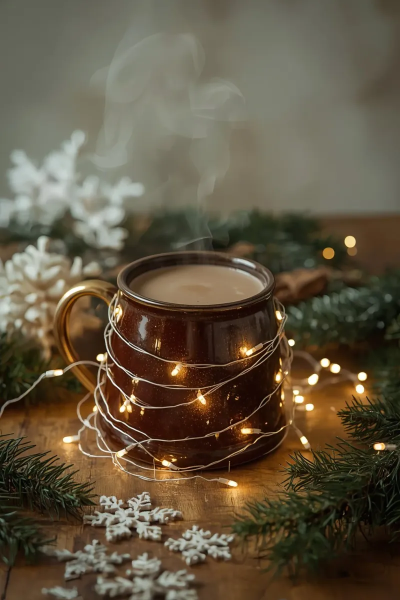 Tazza marrone con fiocchi di neve e sempreverdi luminosi poster con telaio in alluminio da DesignDoodle
