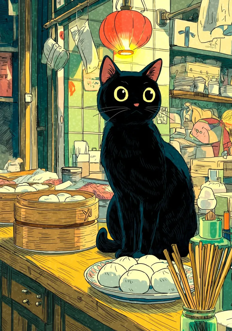 Gatto nero in ristorante giapponese tela con Cornice a cassetta da Stellar Creative