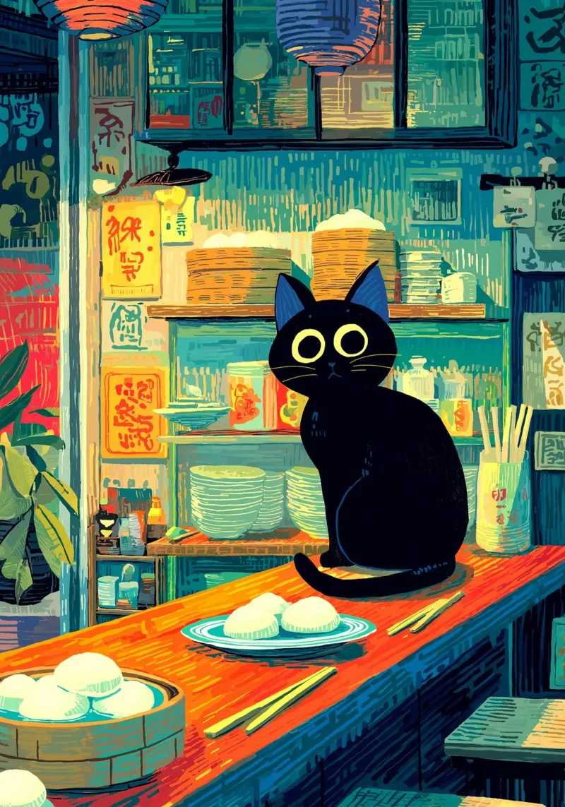 Gatto nero in ristorante giapponese tela con Cornice a cassetta da Stellar Creative