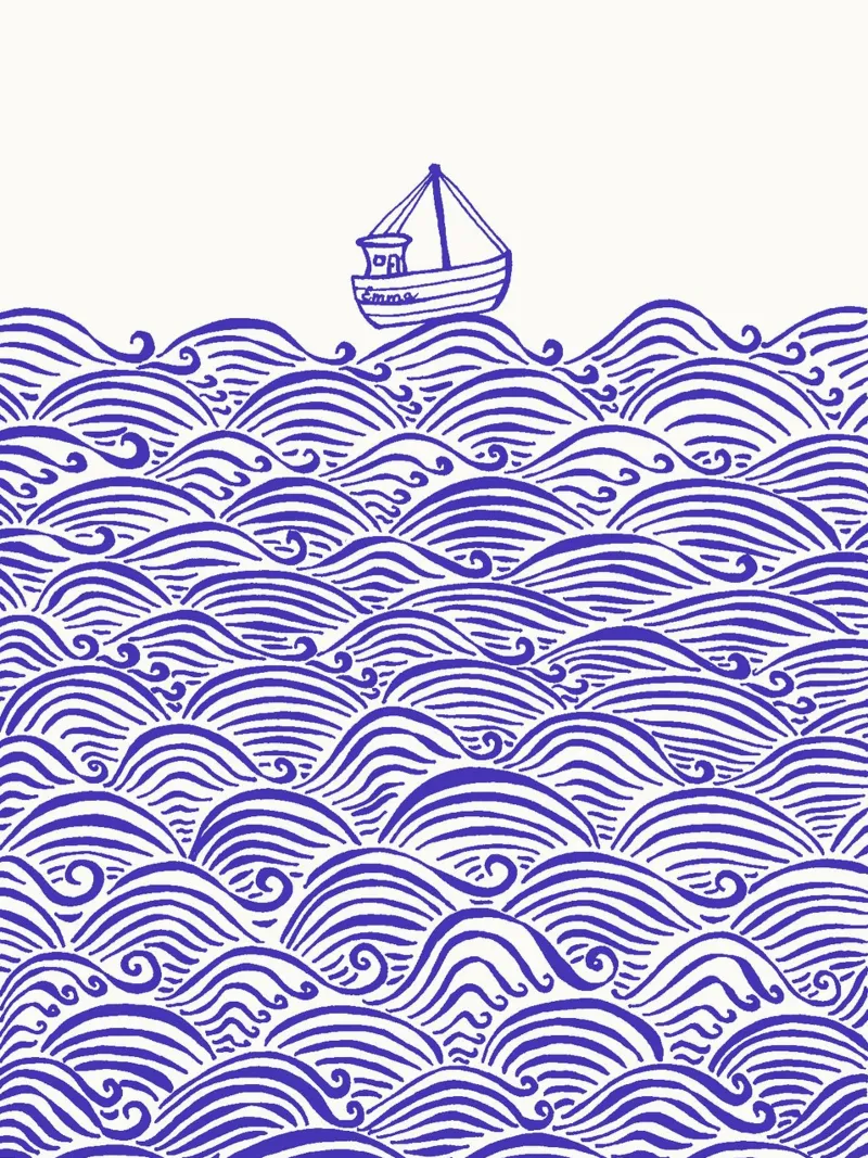 Boot op golven - blauw canvas met Baklijst van PaperLine Art