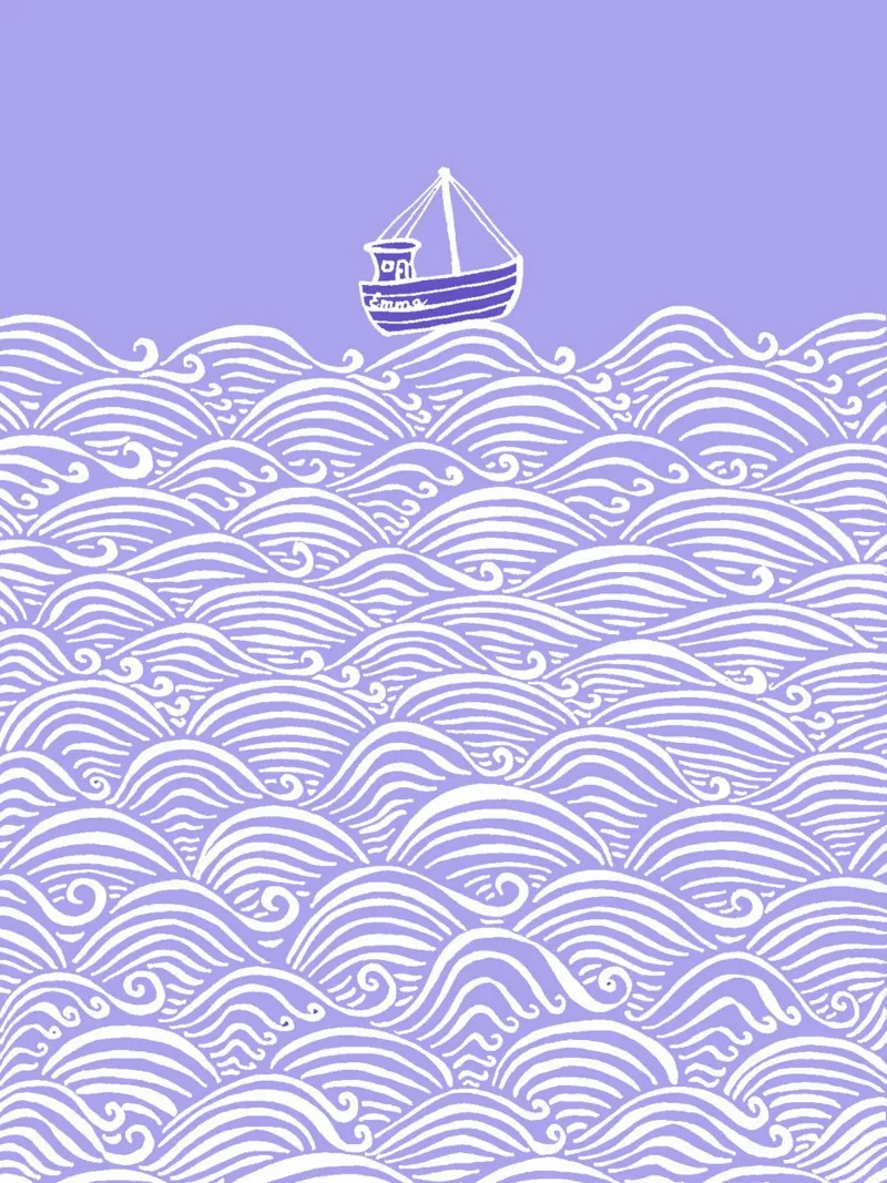 Boot in de golven - Paars-wit canvas met Baklijst van PaperLine Art