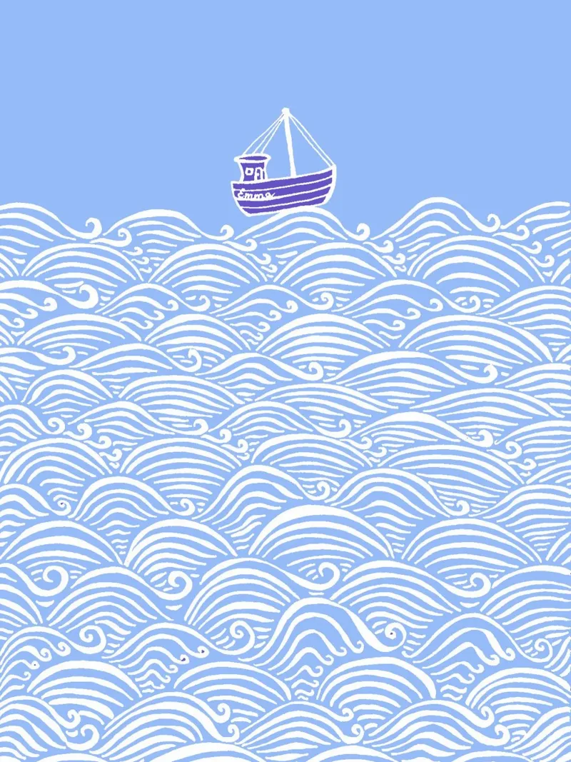 Boot op golven - lichtblauw canvas met Baklijst van PaperLine Art