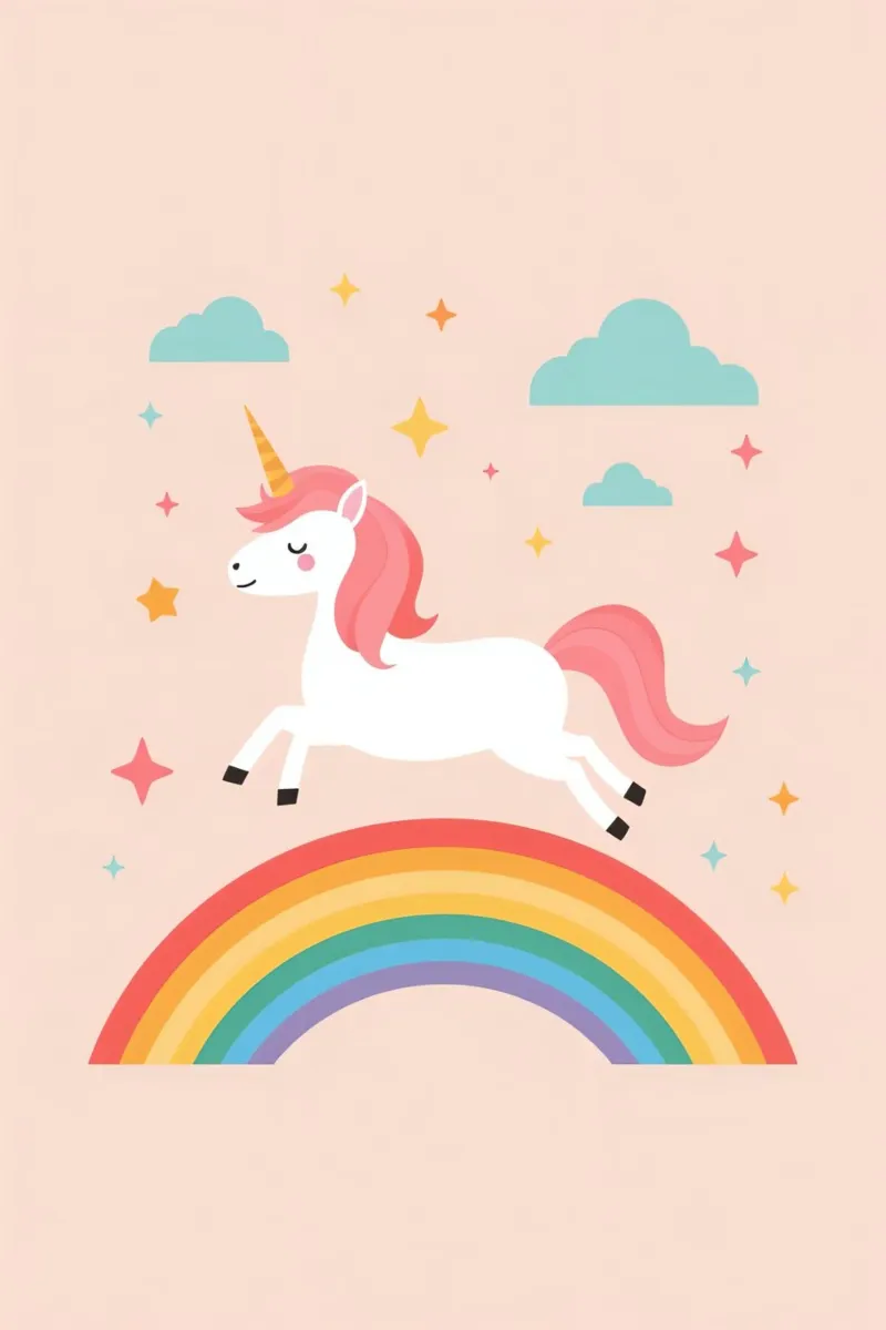Cartoon Unicorn Leaping Over Rainbow with Stars and Clouds canvas with Floater frame by DesignDoodle