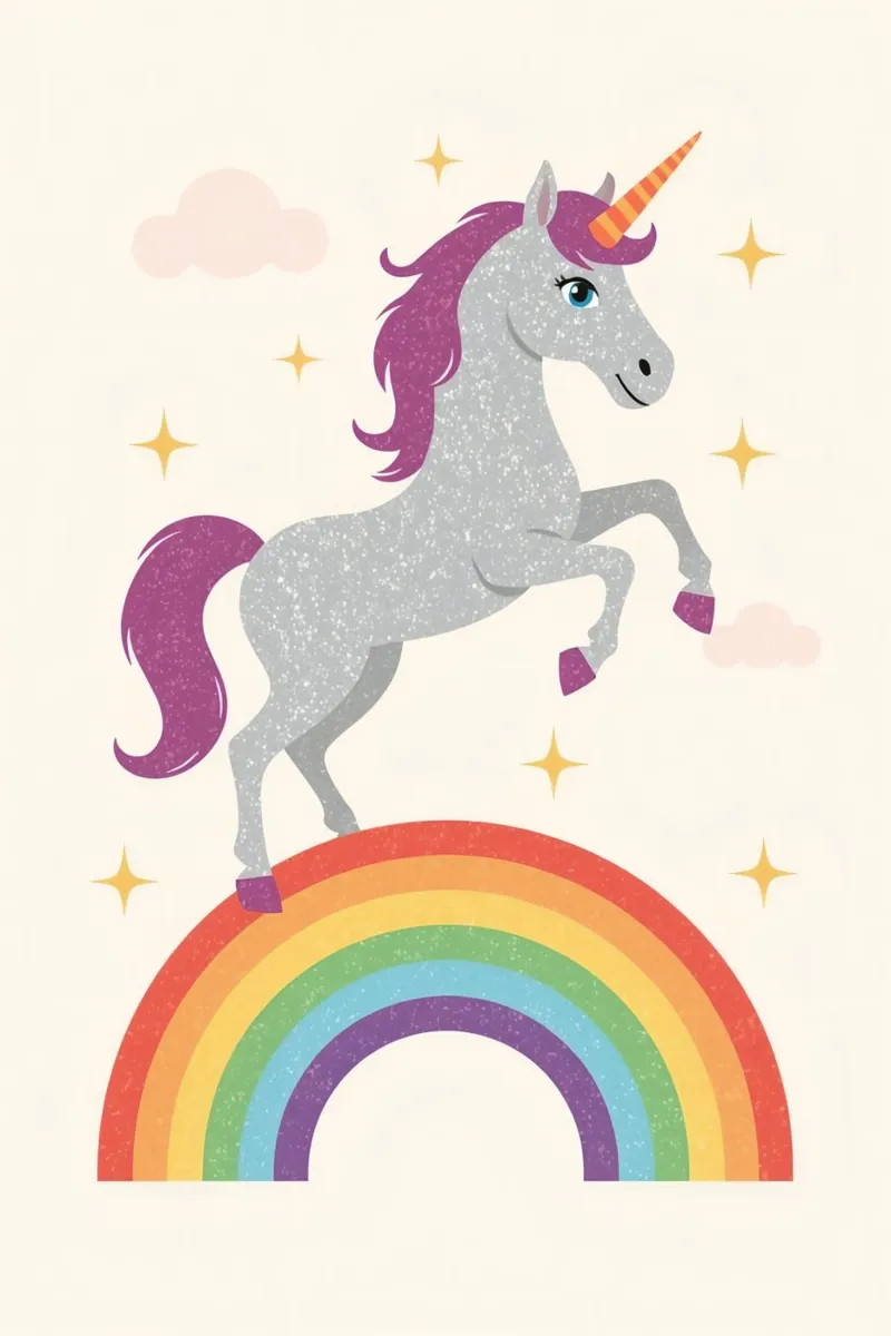 Cartoon Unicorn Leaping Over Rainbow with Stars and Clouds canvas with Floater frame by DesignDoodle
