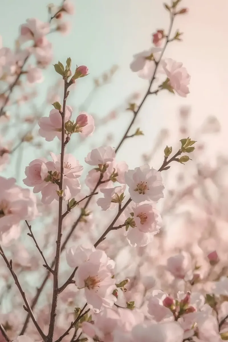 Primo piano dei fiori e dei rami di un albero rosa poster con telaio in legno da DesignDoodle
