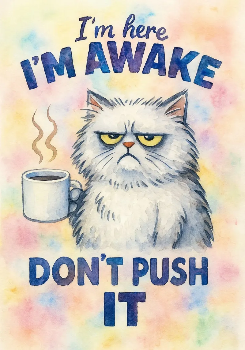 im here im awake dont push it cat poster with aluminum frame by wadasx