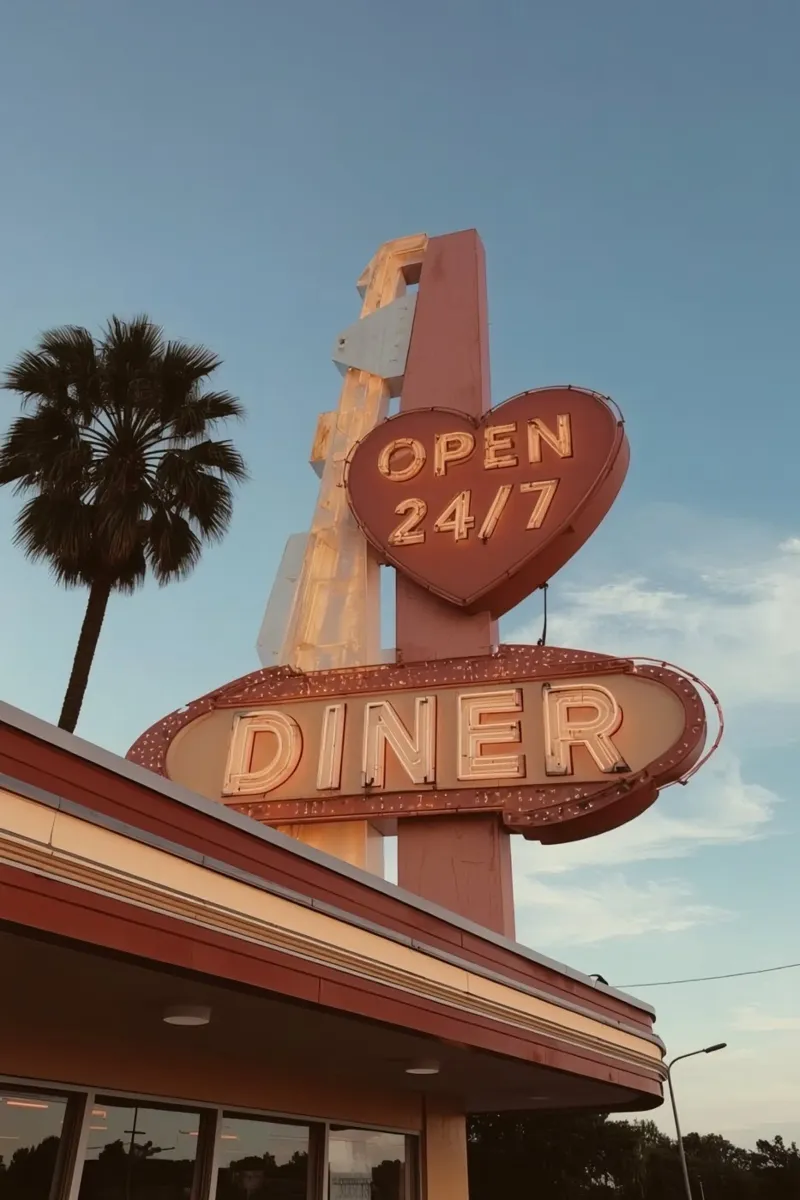 Diner Neon Sign and Palm Tree Against Blue Sky canvas with Floater frame by DesignDoodle