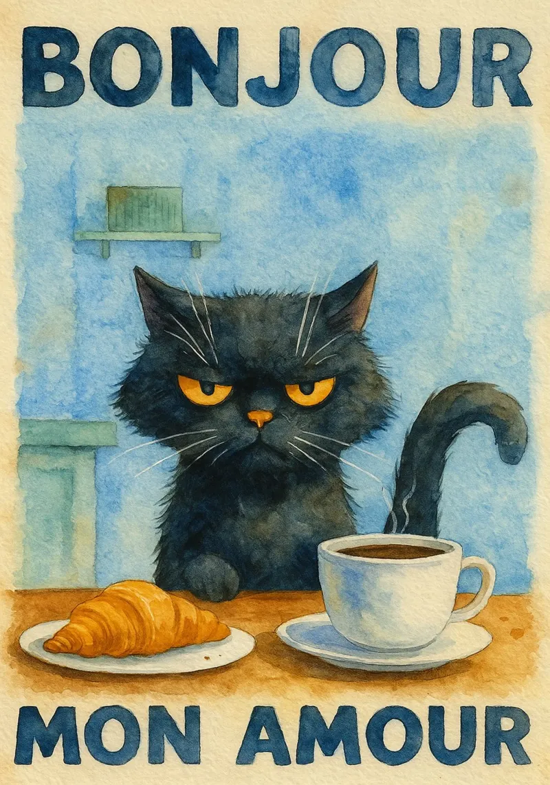 disegno parodia del gatto bonjour mon amour poster da hexis