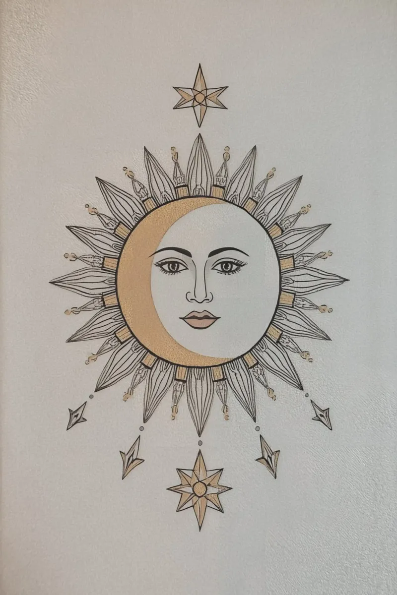 Sun-Moon Face with Stars on White Background tela con Cornice a cassetta da DesignDoodle