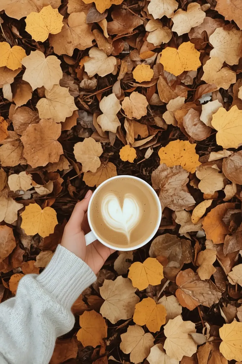 Latte with Heart Art on Autumn Leaves Held by Hand canvas with Floater frame by DesignDoodle