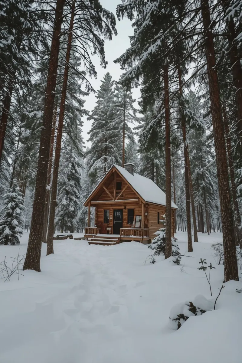 Log Cabin in Snow-Covered Forest canvas with Floater frame by DesignDoodle