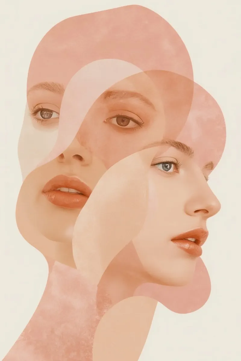Volti femminili sovrapposti con forme geometriche Toni di pesca poster con telaio in alluminio da DesignDoodle