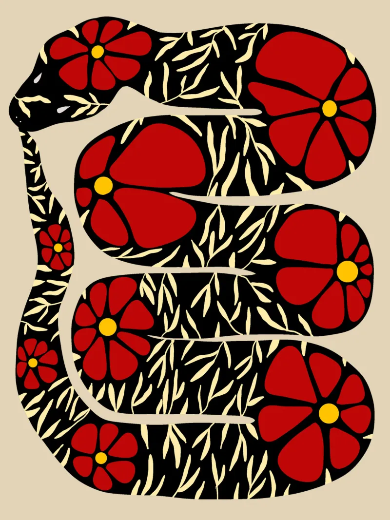 The tail-eating floral snake black with red poster con telaio in legno da TijanaArtStudio88