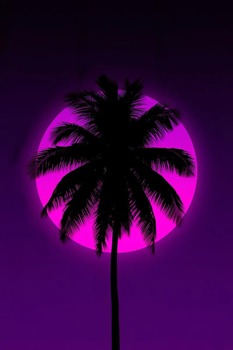 Silueta de palmera sobre un círculo rosa en un cuadro morado poster con marco de aluminio de DesignDoodle