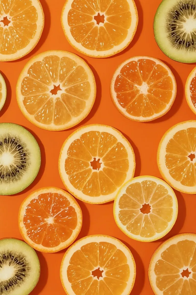 Arance a fette Limoni e Kiwi su sfondo arancione poster con telaio in legno da DesignDoodle