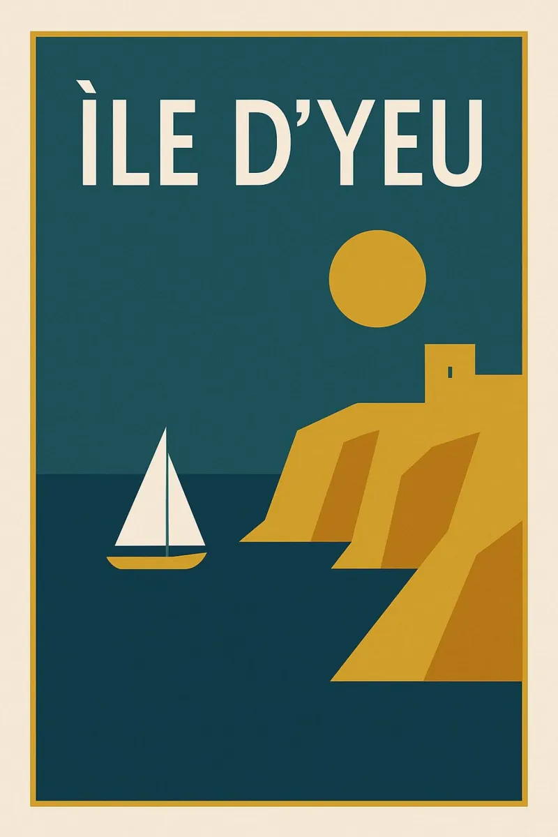 Minimalistische poster Île d'Yeu - Zonsondergang en zeilboot poster met aluminium frame van JETLAG | affiches voyage